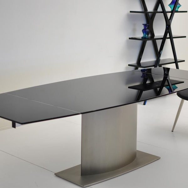 Double Extension Dining Table with Black Glass Top & Nickel Plated Pedestal Base