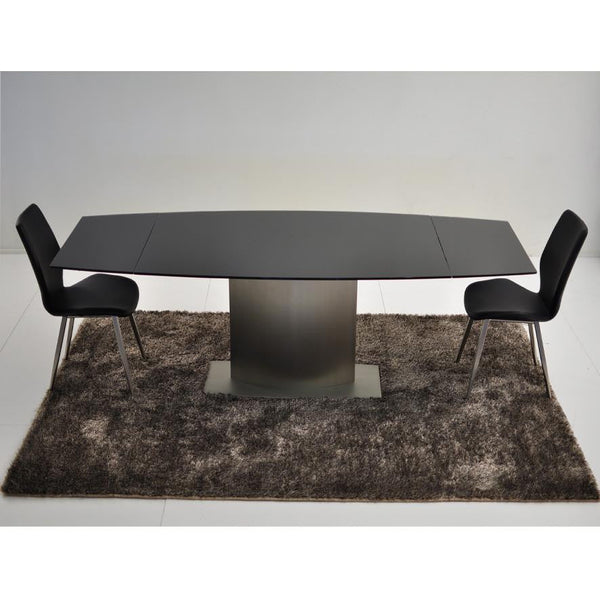 Double Extension Dining Table with Black Glass Top & Nickel Plated Pedestal Base Setting Photo
