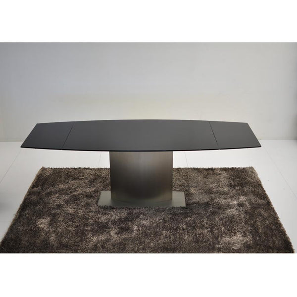 Double Extension Dining Table with Black Glass Top & Nickel Plated Pedestal Base Side Photo