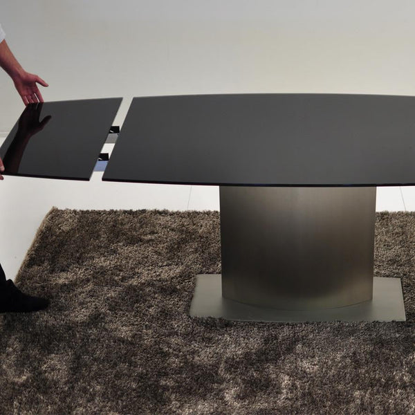 Double Extension Dining Table with Black Glass Top & Nickel Plated Pedestal Base Extended