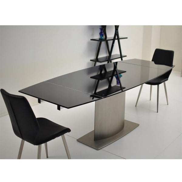 Double Extension Dining Table with Black Glass Top & Nickel Plated Pedestal Base Angle Setting