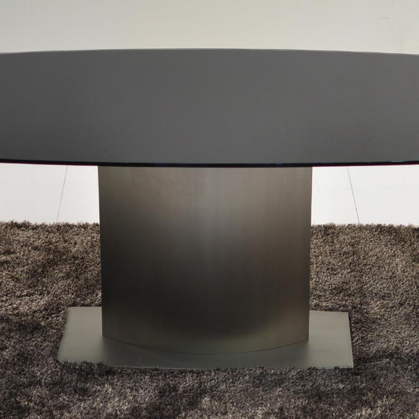 Double Extension Dining Table with Black Glass Top & Nickel Plated Pedestal Base Zoom Photo