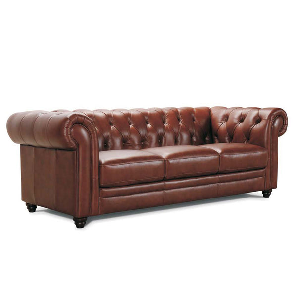 Vintage Chesterfield Sofa in Leather Tufted Buttoned Scroll Arms with Studs Vintage