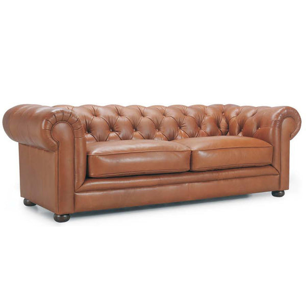 William Chesterfield Sofa in Leather Buttoned Tufted Back Scroll Arm Timber Feet Tan Leather Vintage