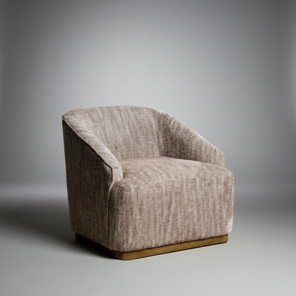 Chestnut fabric swivel accent chair with rounded back, arms, and wooden base