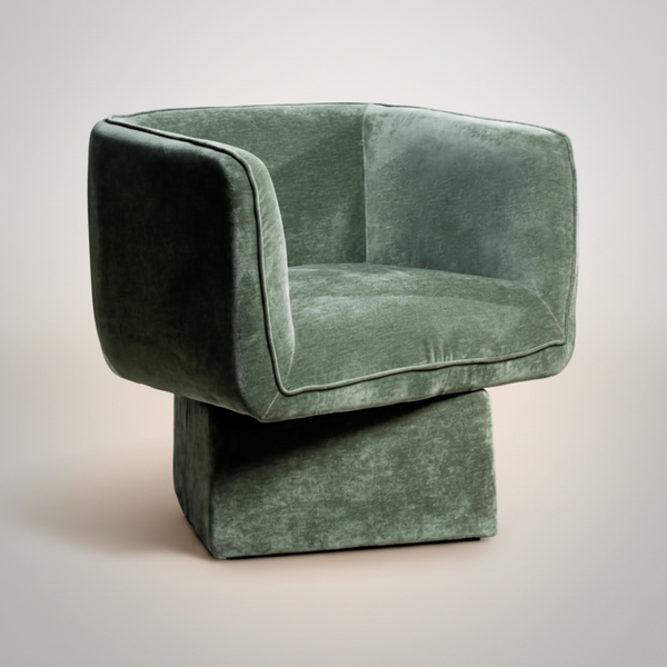 Olive chenille accent chair with curved back, padded arms, and pedestal base