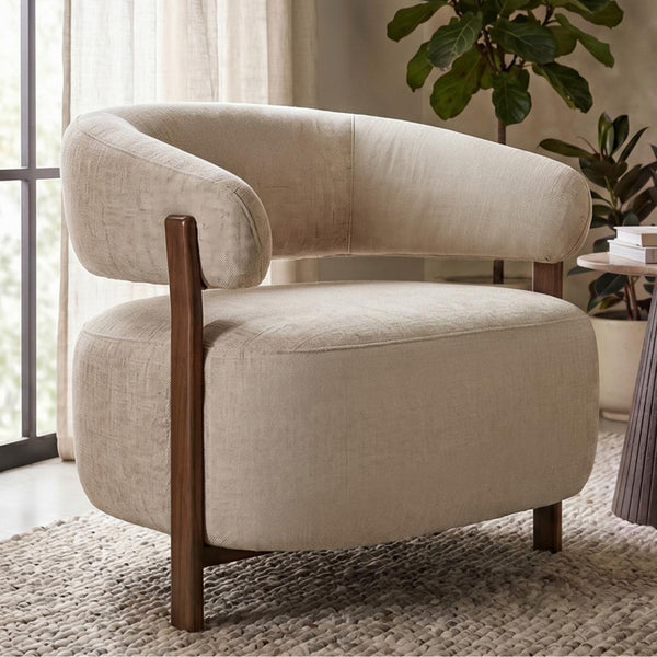 Hampton Armchair accent chair beige fabric walnut frame modern Lifestyle Photo