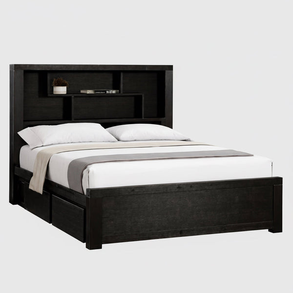 Black bed frame with storage compartments on a white background