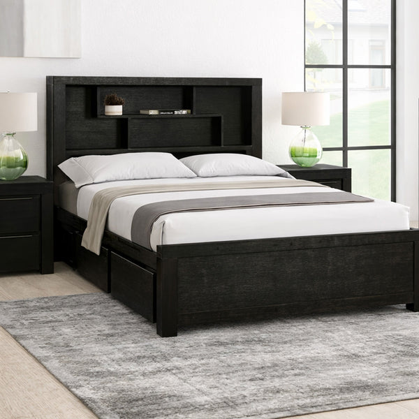 Black wooden bed with white bedding in a modern bedroom setting.