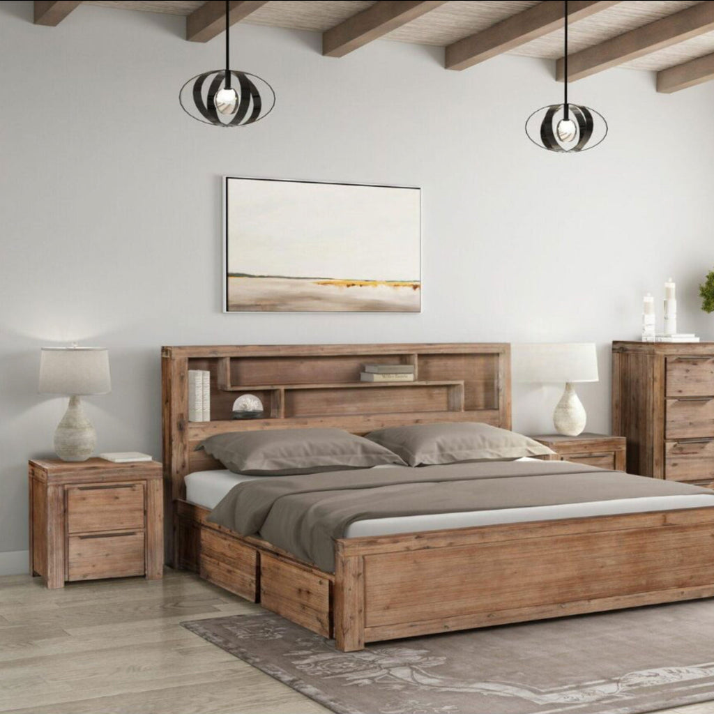 Wooden bed frame with slatted headboard and footboard, gray bedding set