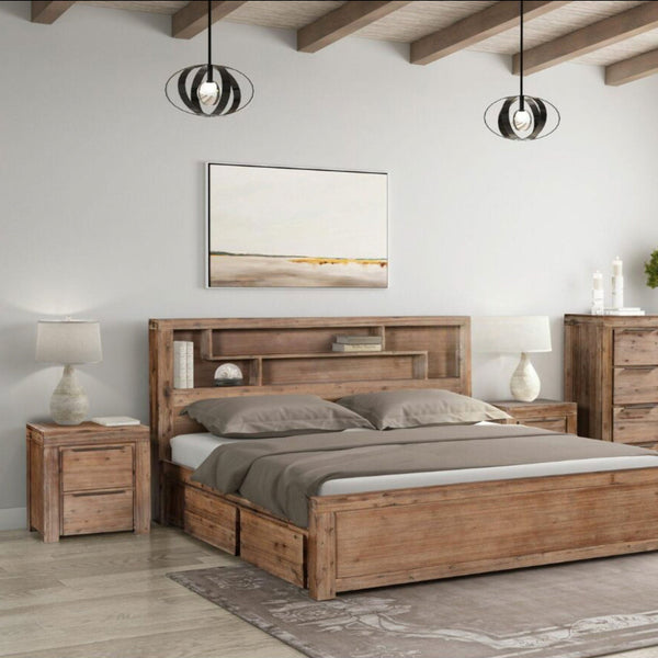 Wooden bed frame with slatted headboard and footboard, gray bedding set
