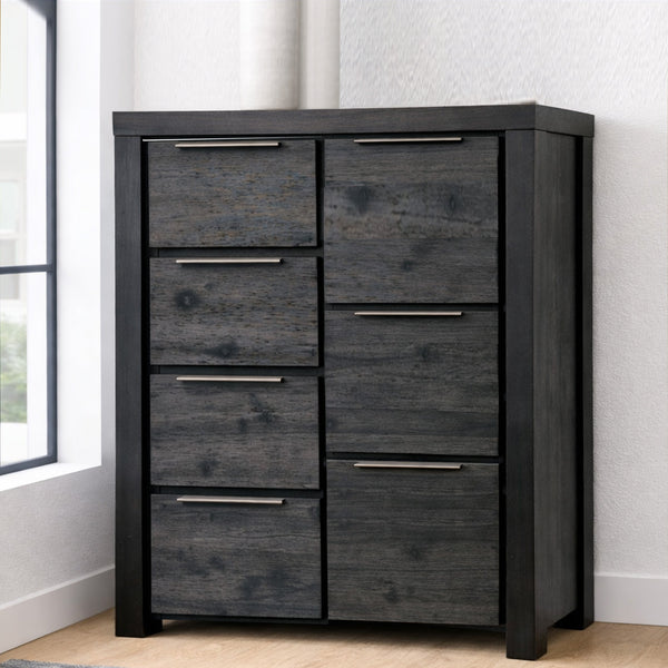 Dark wood dresser with multiple drawers in a room with a window.