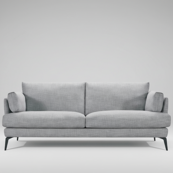 Light grey fabric sofa front view with centered back seam and two seat cushions