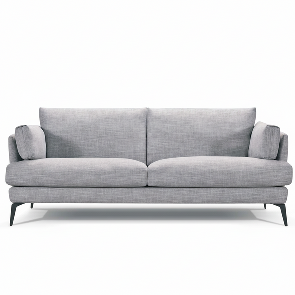 Light grey fabric sofa with two seat cushions, matching arms, black tapered legs