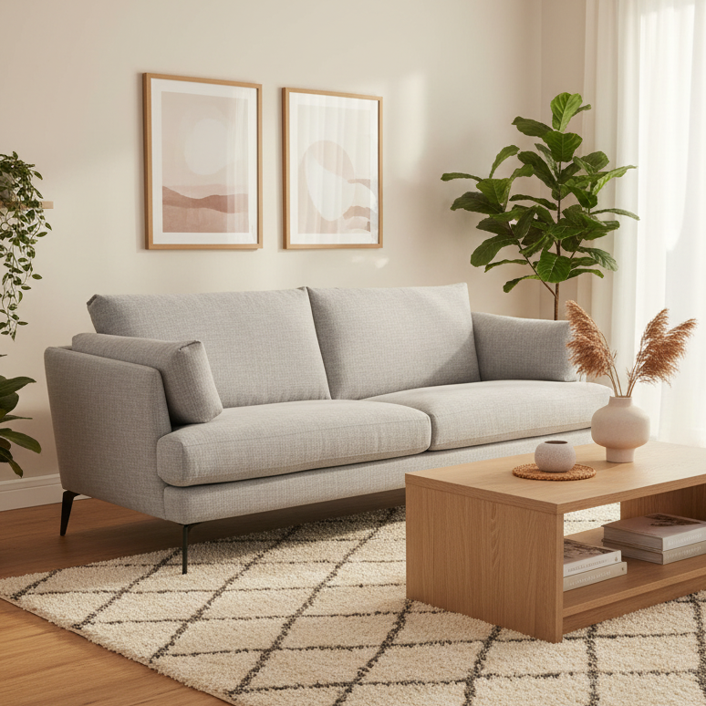 Light grey fabric sofa with deep cushions and rounded arm pads, dark tapered legs
