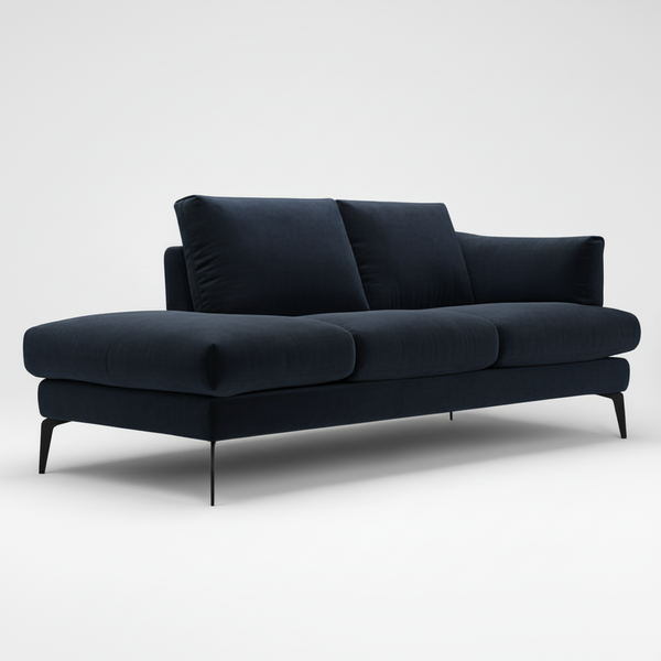 Chaise sofa with three back cushions and wide seats, dark blue velvet