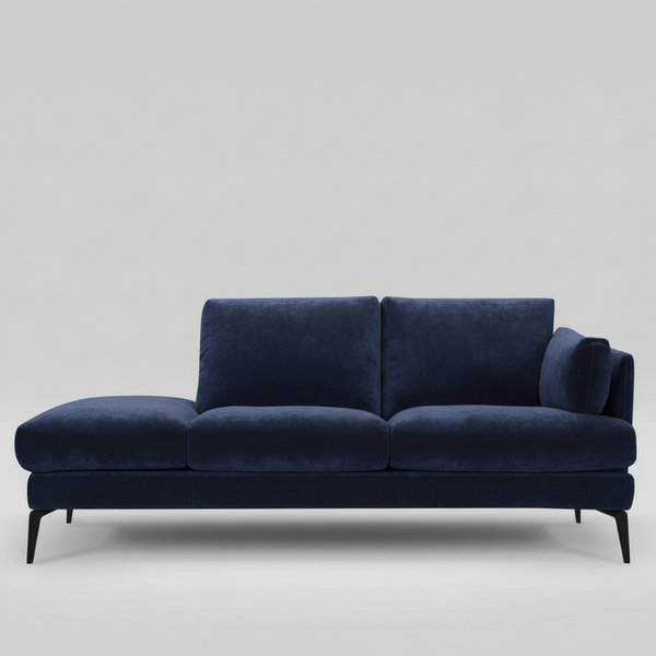 Chaise sofa with three back cushions, dark blue velvet, low profile
