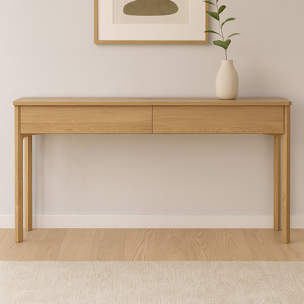 Light wood console table with two drawer fronts and open lower storage