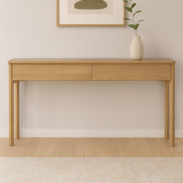 Light wood console table with two drawer fronts and open lower storage