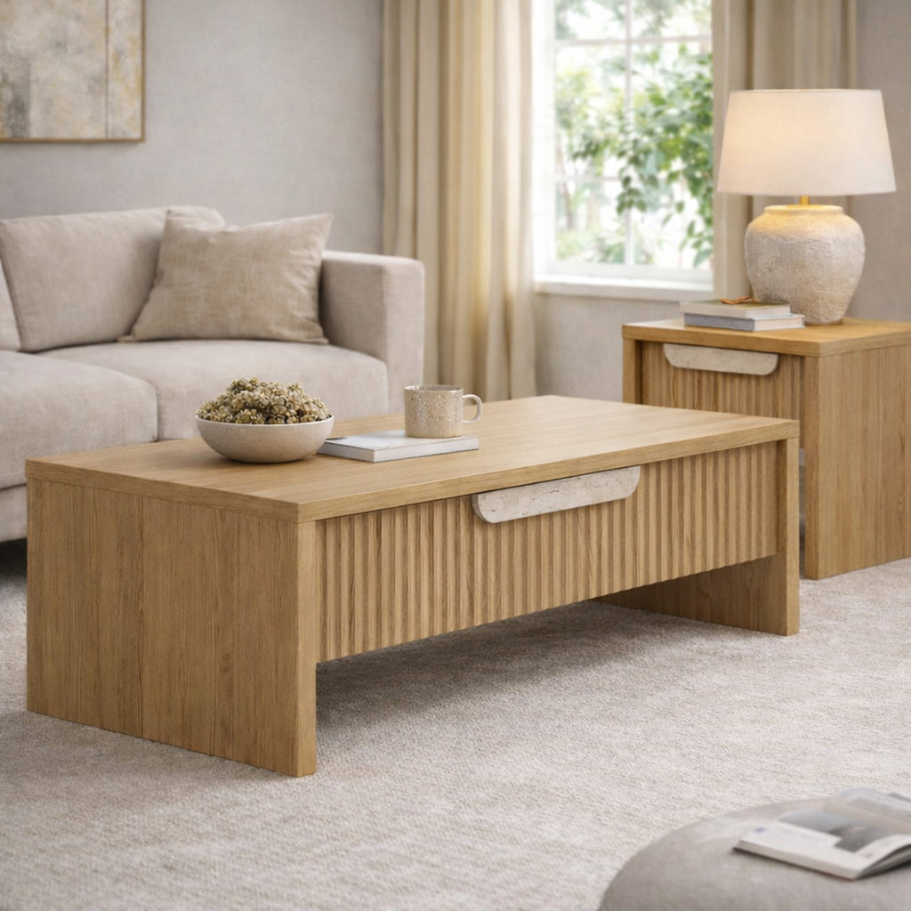 Living room with a wooden coffee table, sofa, and side table.