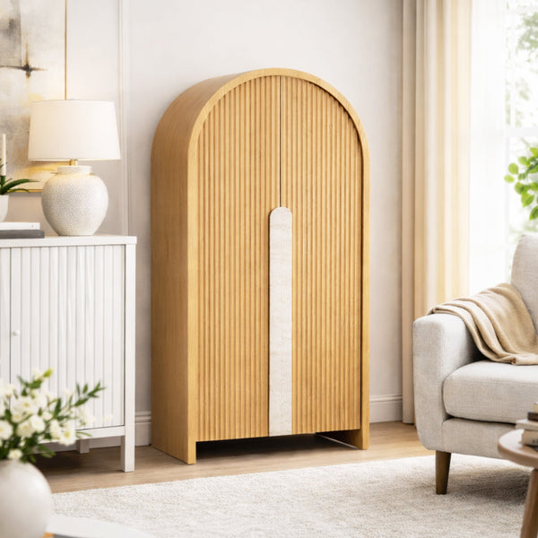Arched display cabinet in American oak veneer with vertical slatted door and handle