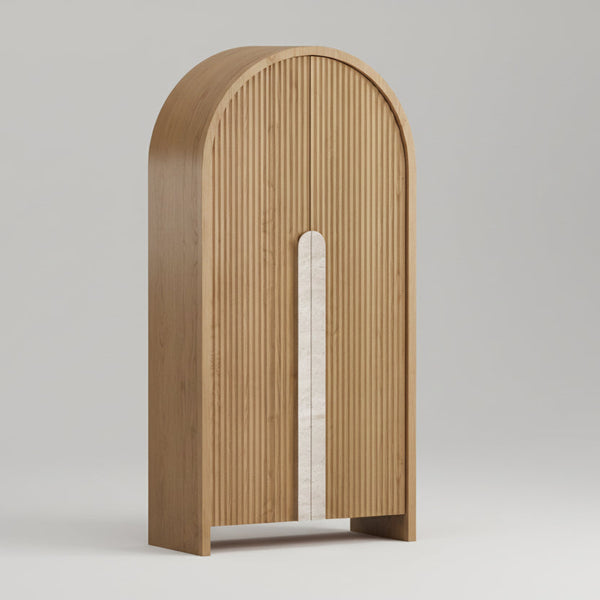 American oak veneer display cabinet with rounded arch, vertical slats, and centered glass panel