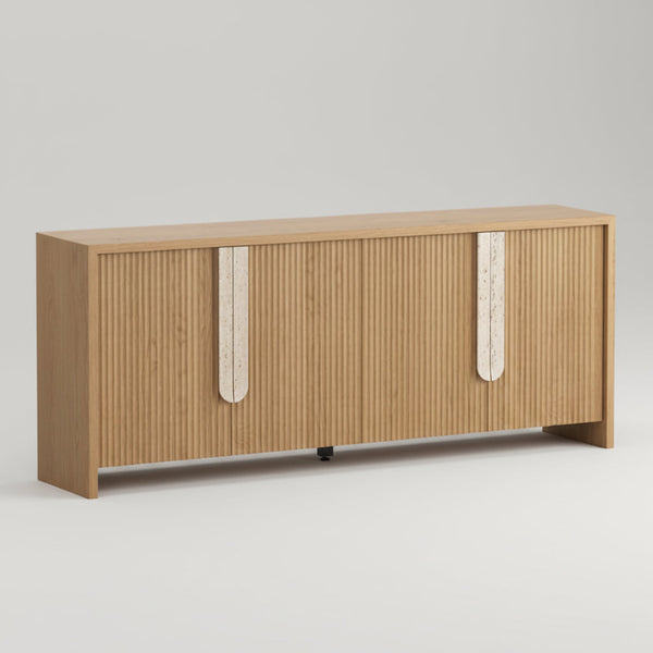 Wood buffet cabinet with vertical fluted doors and curved metal pulls, long low design
