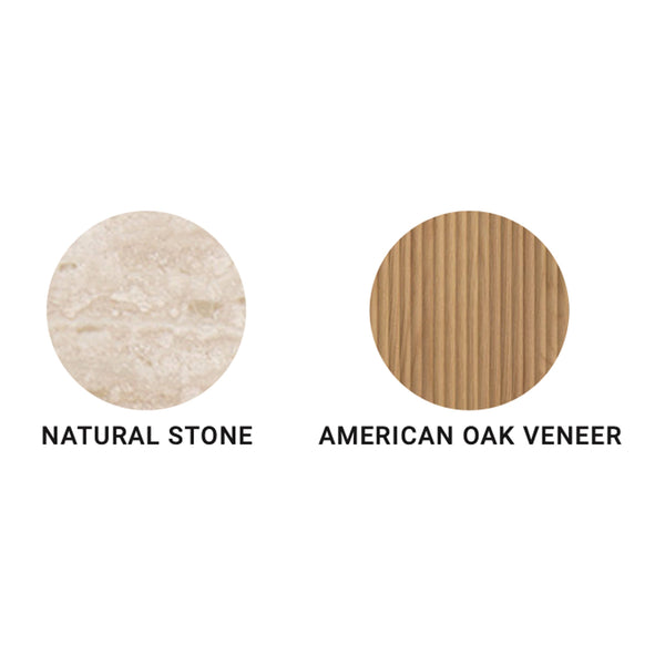 Material swatches: natural stone and American oak veneer finish circles