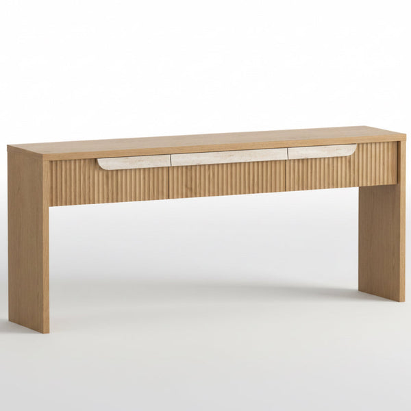 Alana console table with open back shelf, light wood frame and slatted front panel