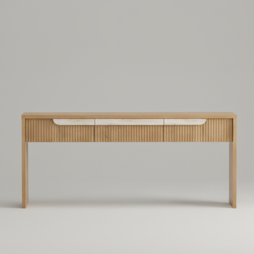 Console table with slatted apron and rounded cutout shelf, light wood frame