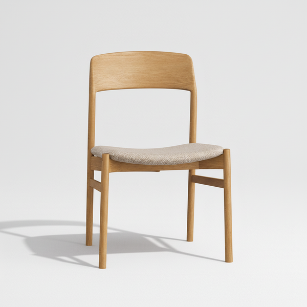 Light wood dining chair with curved backrest and gray upholstered seat cushion