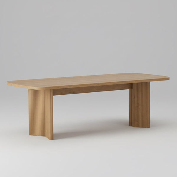 American oak dining table with slatted legs and wide rectangular tabletop
