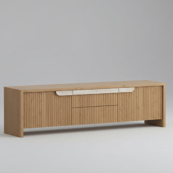 TV unit in American oak veneer with central drawer opening