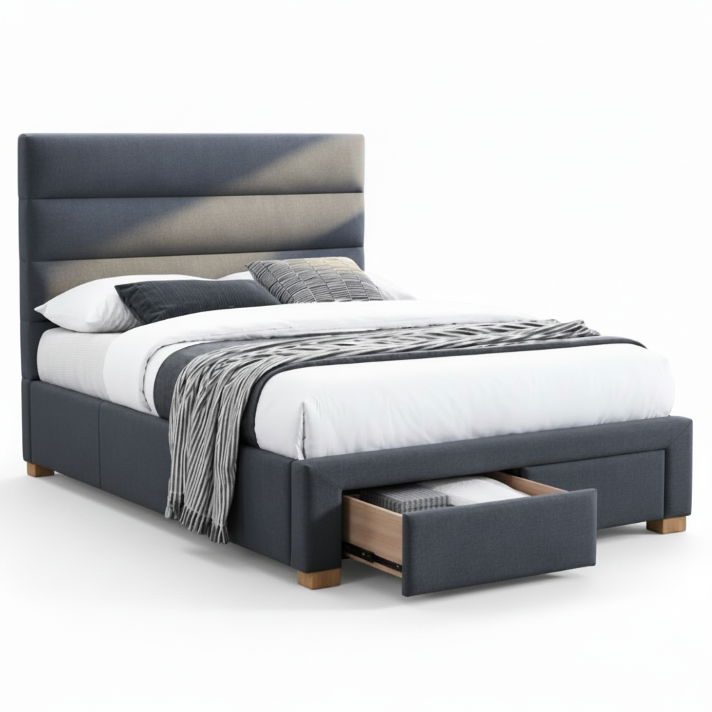 Alana Bed with Drawers Upholstered in Grey Fabric