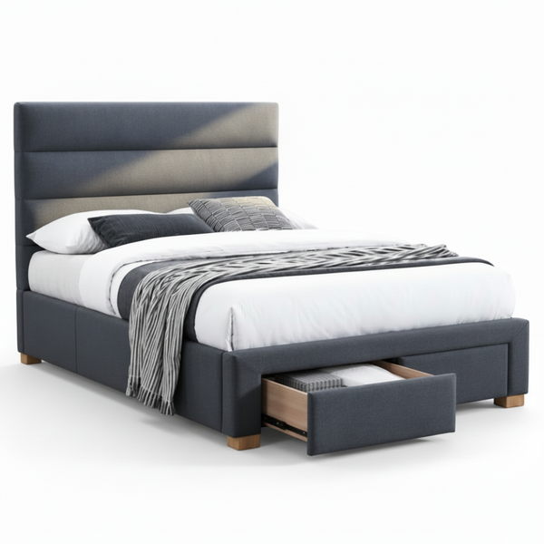 Alana Bed with Drawers Upholstered in Grey Fabric
