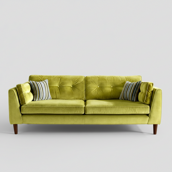 Apple green velvet sofa with tufted back cushions and wooden legs