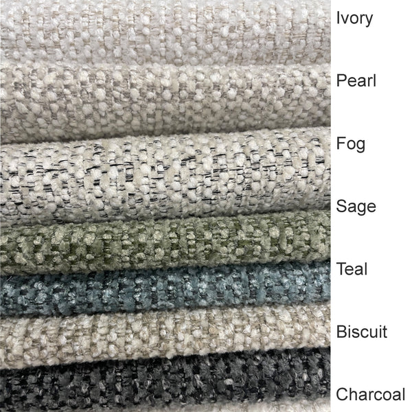 Fabric swatches in ivory, pearl, fog, sage, teal, biscuit, and charcoal