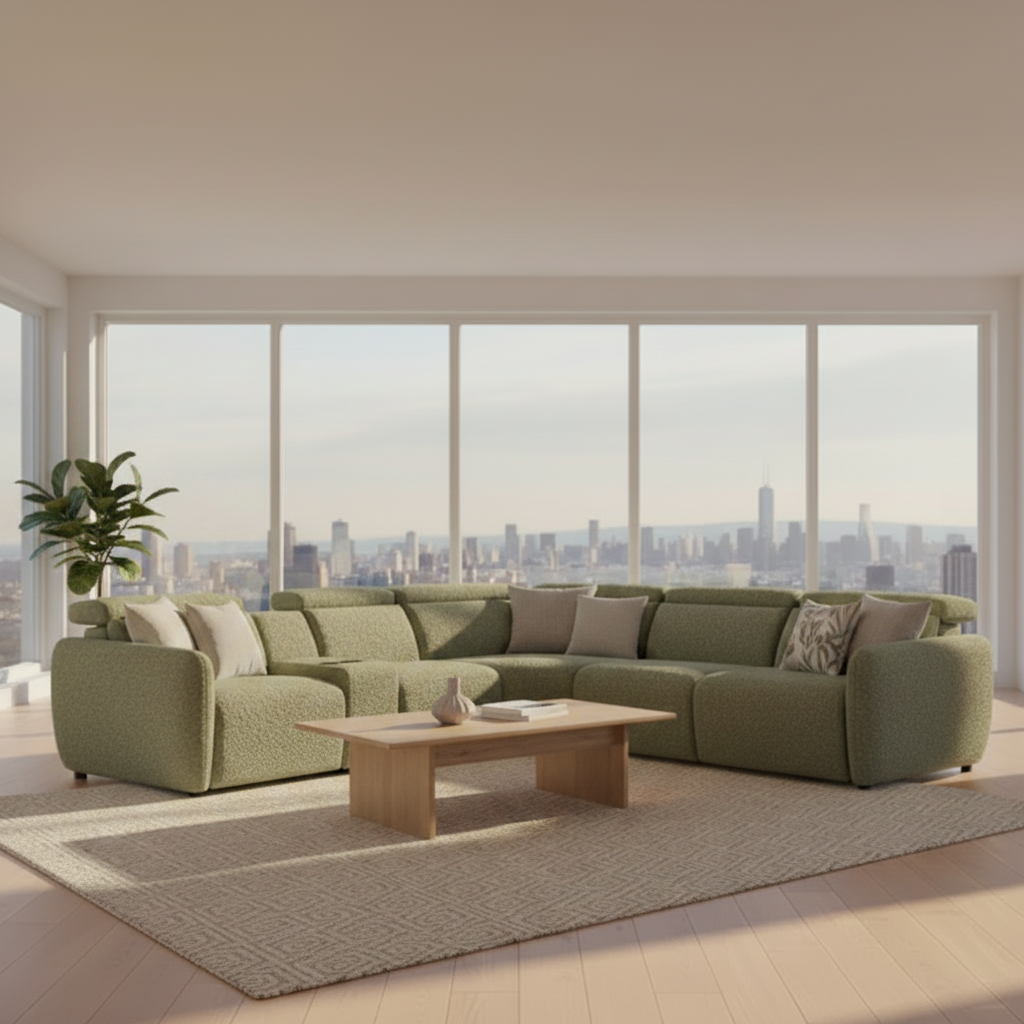 Green sectional sofa in a room with large windows overlooking a cityscape.