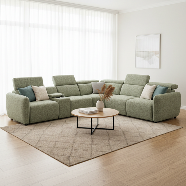 Sage green fabric modular corner sofa with cushioned chaise and matching pillows