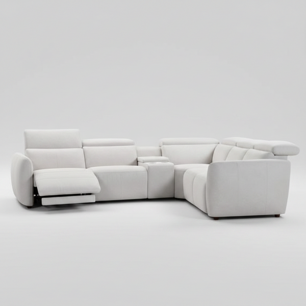 Ivory fabric modular corner sofa with chaise and reclining seat pads, front view