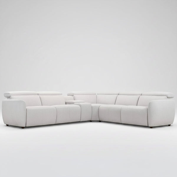 Light ivory fabric modular corner sofa with rounded arms and chaise seating