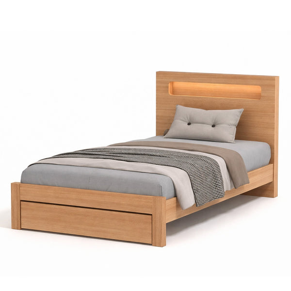 Light oak queen bed frame with paneled headboard and slat support base