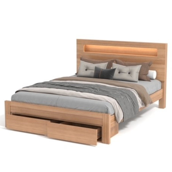 Light oak bed frame with panel headboard and storage drawer front
