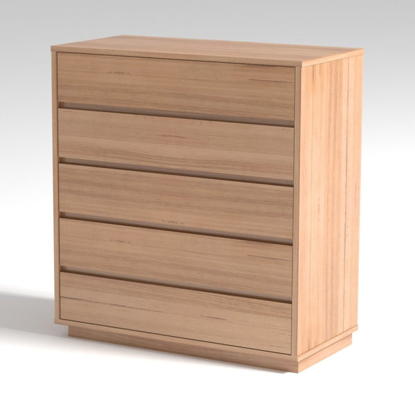 Light oak tallboy dresser with four horizontal drawers and flat panel sides