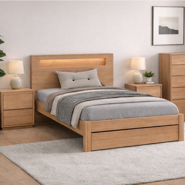 Light oak king single bed frame with headboard and underbed slats