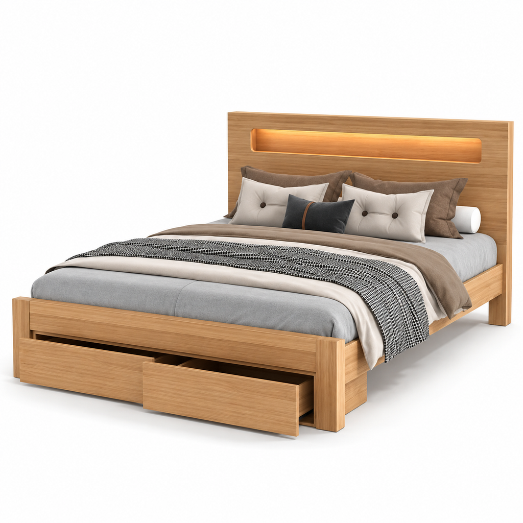 A modern wooden bed frame with a built-in headboard and storage drawers, styled with gray and brown bedding on a white background.