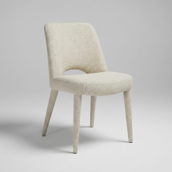 A modern dining chair upholstered in a textured beige bouclé fabric, featuring a rounded backrest with a central cutout and tapered legs, shown against a plain white background.