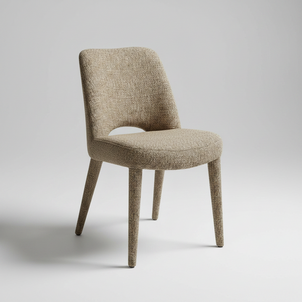 A modern upholstered dining chair with a textured beige fabric seat and backrest, supported by four tapered wooden legs, shown against a neutral light gray background.