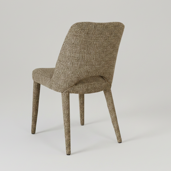 A modern dining chair upholstered in a textured, woven taupe-brown fabric with tapered wooden legs, shown from a three-quarters angle against a plain white background.