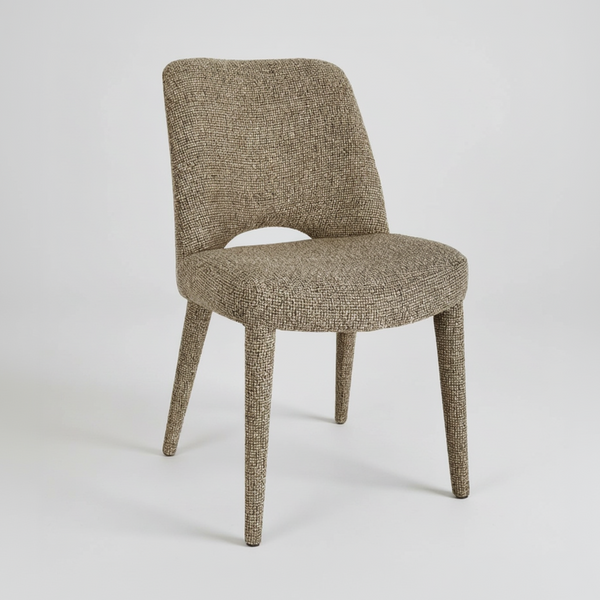 Dining chair in textured tweed fabric, rounded backrest and padded seat with four wooden legs